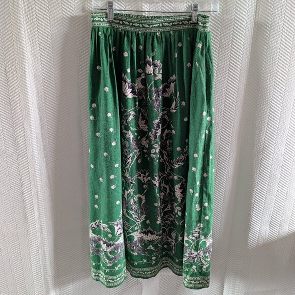Max Studio London Linen Blend Green Floral Midi Skirt Size Small Pockets Summer - Picture 2 of 14